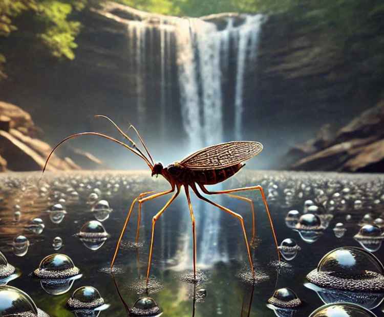 A water strider gliding on the surface of a creek, leaving tiny ripples in its wake near a waterfall.
