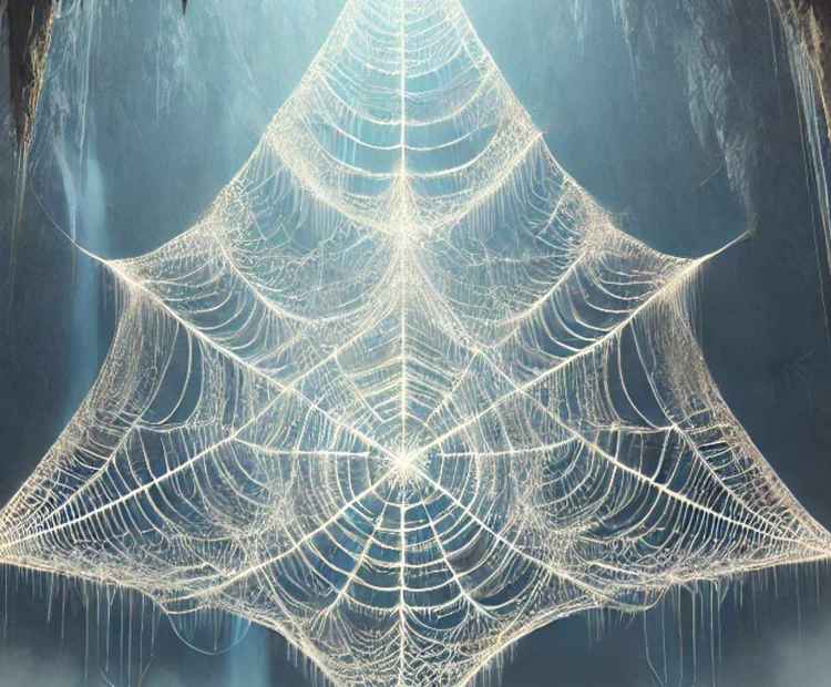 A web chandelier found deep inside a triangular cave near a waterfall, illuminated by soft light.