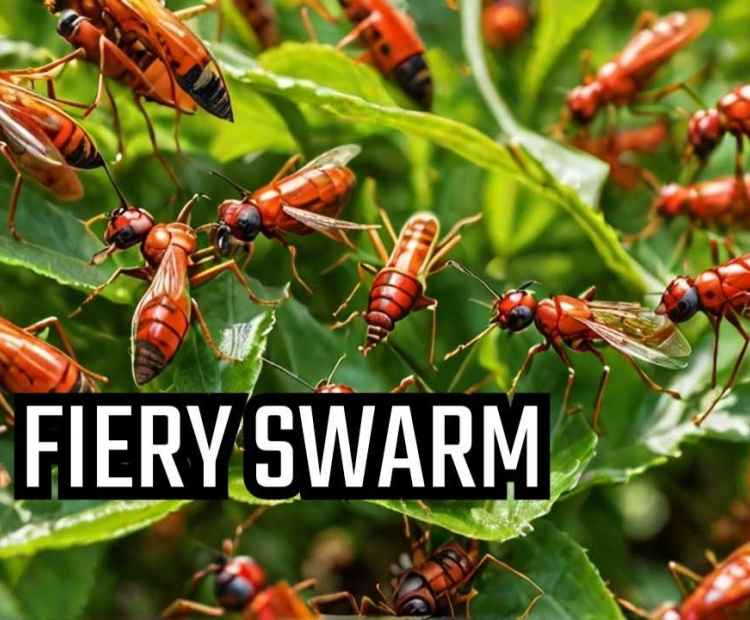 A swarm of red insects clustered together on tree branches, creating a bizarre and unsettling scene deep in the forest.
