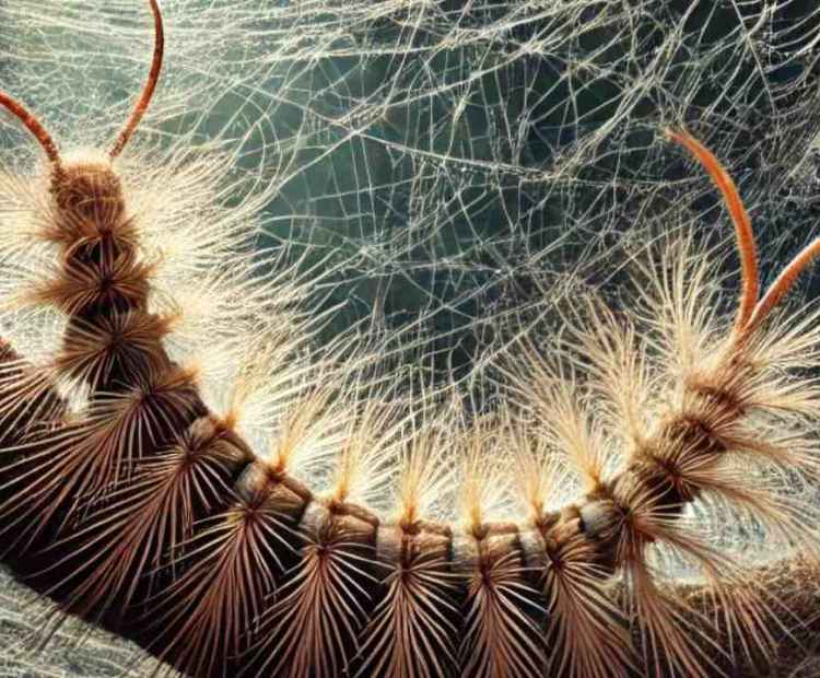 A large, fuzzy, multi-legged creature caught in a giant spider's web, high up in the forest trees.