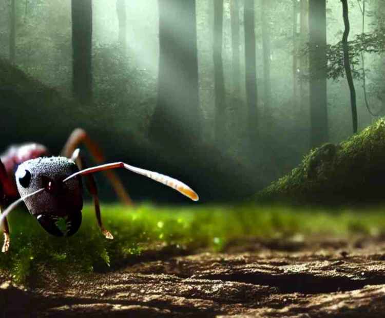 A detailed macro shot of an ant species crawling on a green plant stem, captured in the wild.