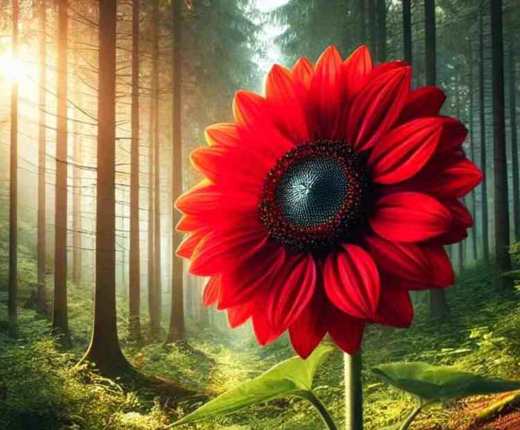 A brilliant red sunflower blooming amidst green foliage, standing tall under the warm sunlight.