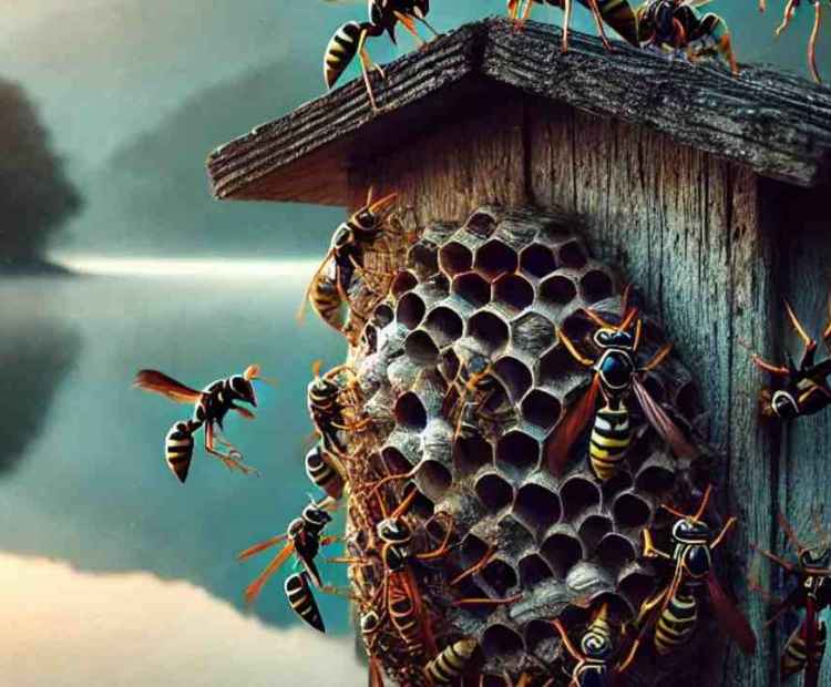 A wasp nest found attached to a lake utility box, with wasps actively flying around their home.