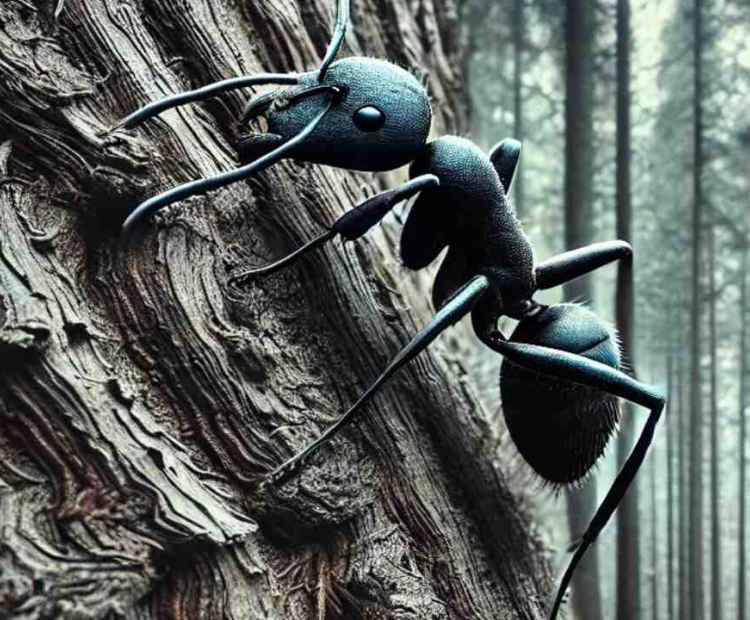 A massive black ant scaling the bark of a colossal tree, exploring its surroundings in the forest.