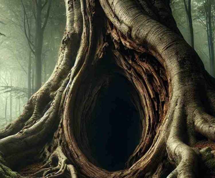 A massive hollow tree discovered in the forest, acting as a shelter for various plants and wildlife.