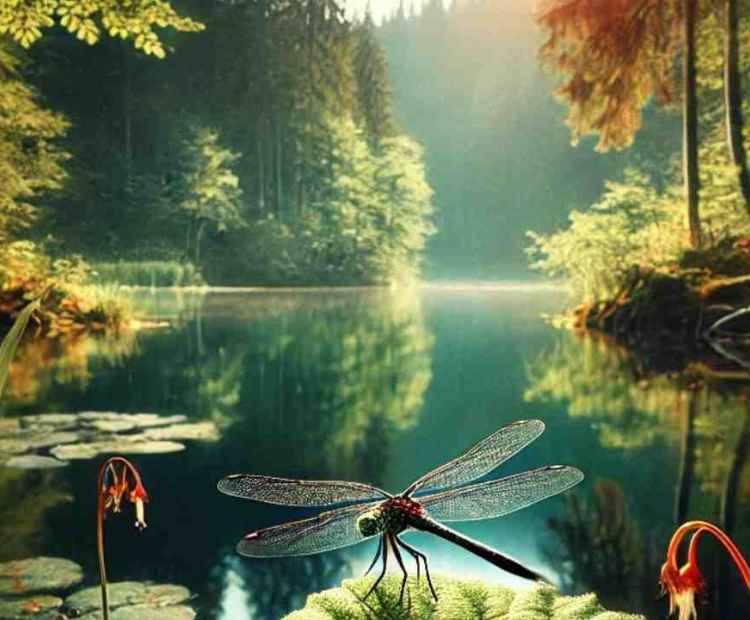 A dragonfly resting on a leaf, basking in the warmth of the sun and surrounded by greenery.