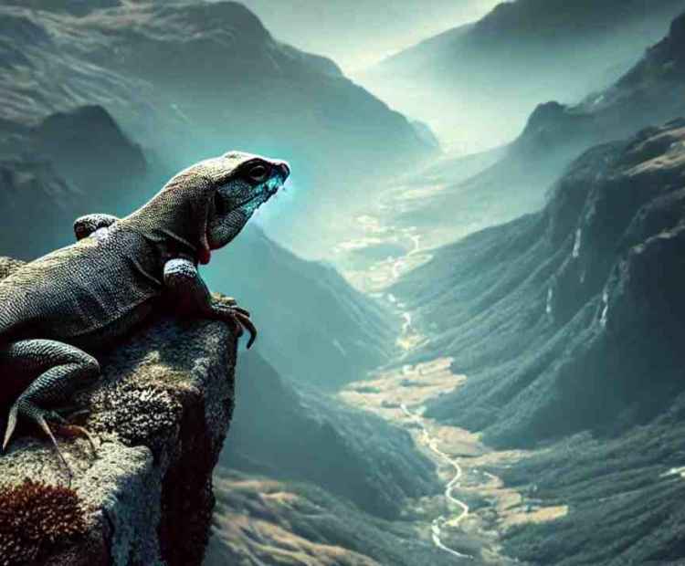 A mountaintop lizard perched on a rock, appearing calm and majestic in the cool mountain air.