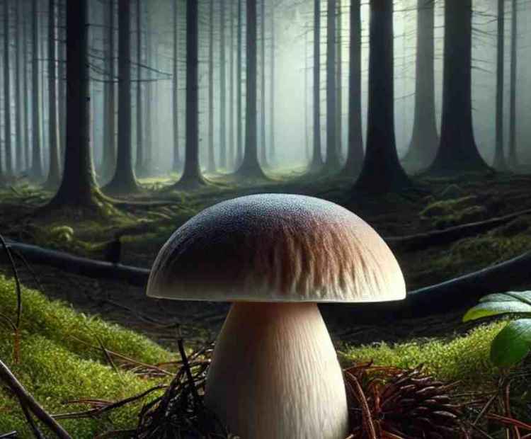 A perfectly shaped wild mushroom growing deep in the forest, untouched by human hands.