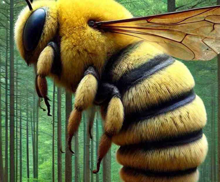 A bizarre creature surrounded by bees in a chaotic and mesmerizing forest moment.