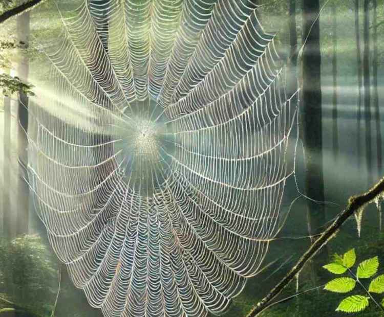 A spider's web hanging high in the trees, illuminated by the morning sun's rays.