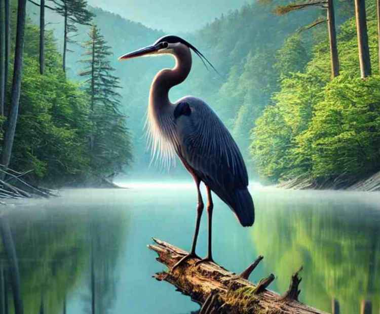 A large stork perched on a tree branch, looking out over a peaceful lake as the sun sets.