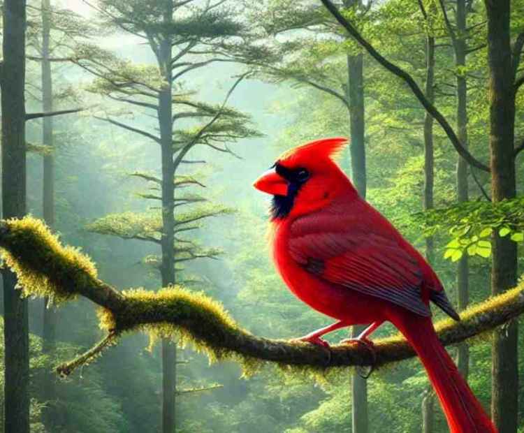A bright red cardinal perched high in a berry tree, surveying the area with keen interest.