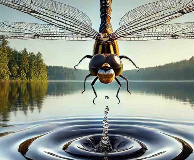 A dragonfly perched delicately on a branch over a shimmering water surface, balancing in the breeze.