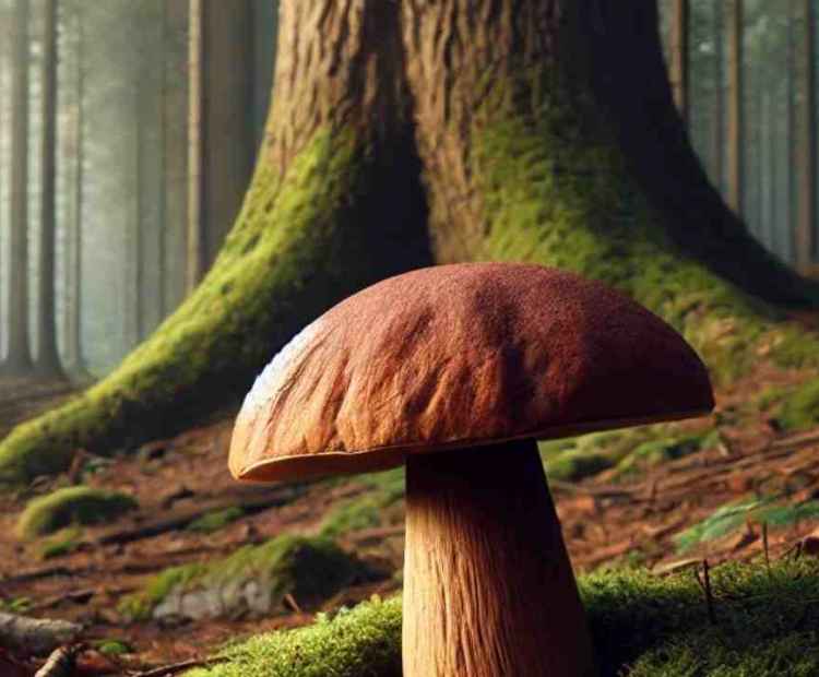 The largest mushroom ever seen, towering over the surrounding foliage in the deep woods.