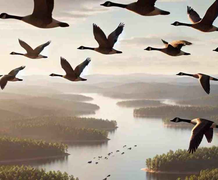 A flock of birds flying in formation against the setting sun, preparing for their migration.