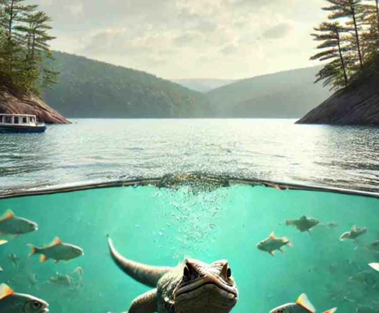 An underwater lizard swimming gracefully in a creek, showcasing its amazing aquatic skills.