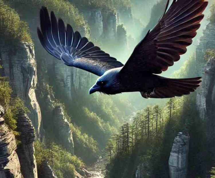 A huge predator bird flying high in the sky, its silhouette visible against the clouds.