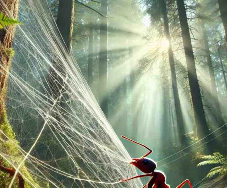 A battle between ants and spider silk, with nature's forces clashing in a tiny yet epic showdown.