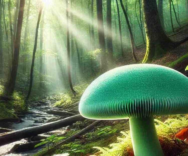 A mint-green mushroom spotted in the Blue Ridge Mountains, glowing softly in the shade.