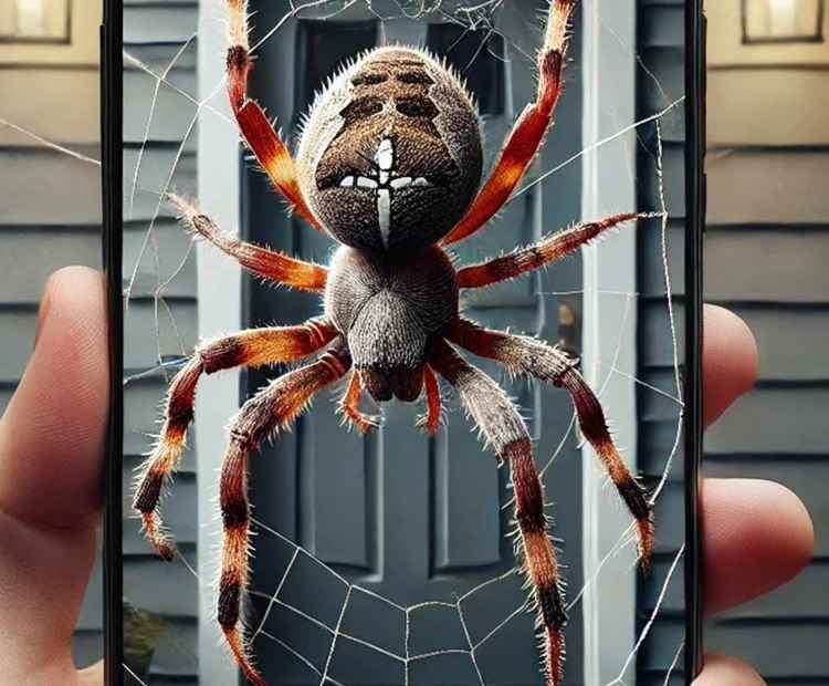 A large, hairy spider web found at a front door, catching the late afternoon light.