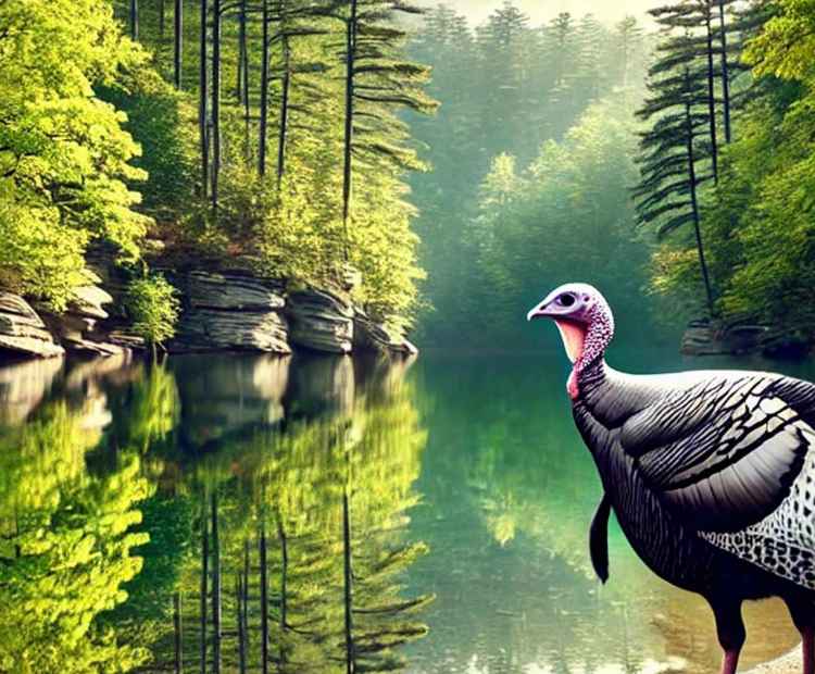 A wild turkey wandering near a peaceful lake, its feathers catching the sunlight.
