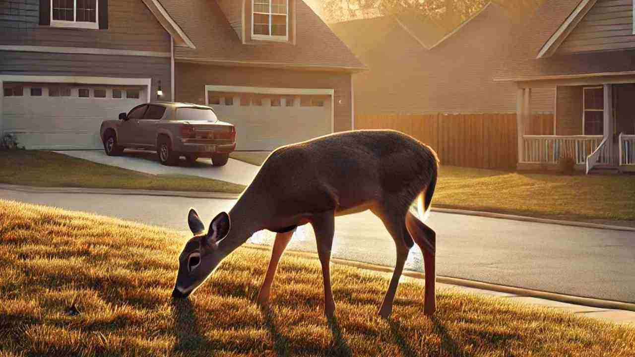 Deer roaming through a North Carolina neighborhood, blending into the urban surroundings.