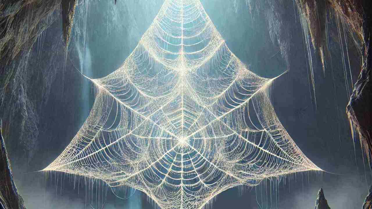A web chandelier found deep inside a triangular cave near a waterfall, illuminated by soft light.