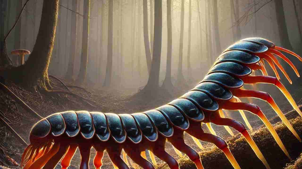 A small, mysterious creature exploring bright, colorful mushrooms growing in a damp forest area.