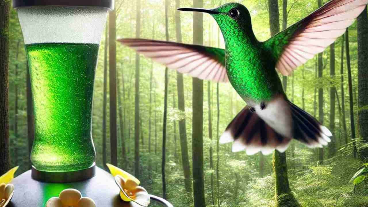 A green-winged hummingbird caught in mid-flight, sipping nectar from a bright, colorful flower.
