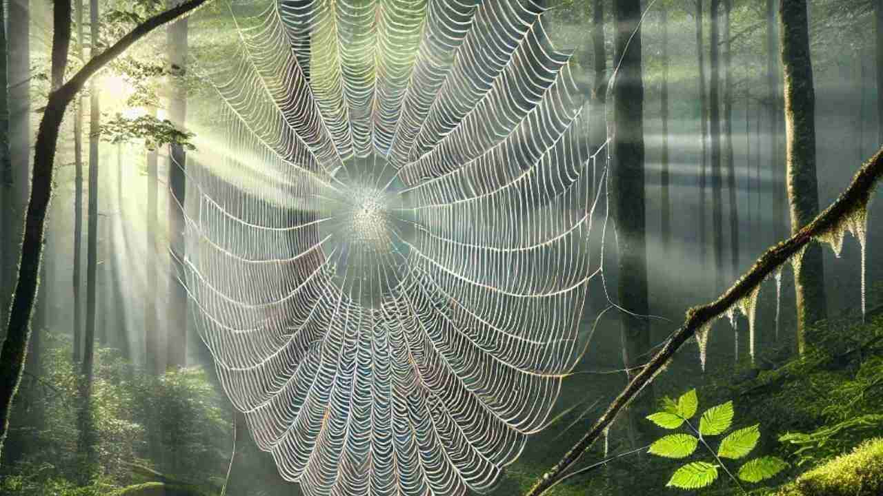 A spider's web hanging high in the trees, illuminated by the morning sun's rays.