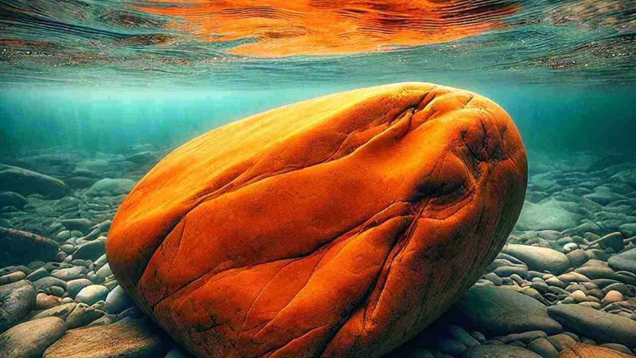 A massive creek rock partially submerged in a flowing stream, surrounded by rippling water.
