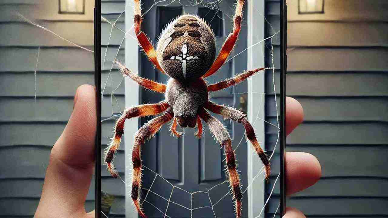A large, hairy spider web found at a front door, catching the late afternoon light.